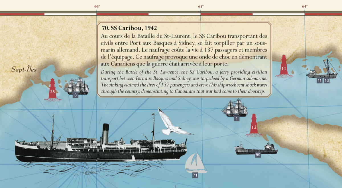 Détail de la carte des épaves : navires illustrés et phares le long du Saint-Laurent