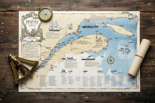 Carte illustrée des épaves du fleuve Saint-Laurent sur une table en bois, avec compas et sextant
