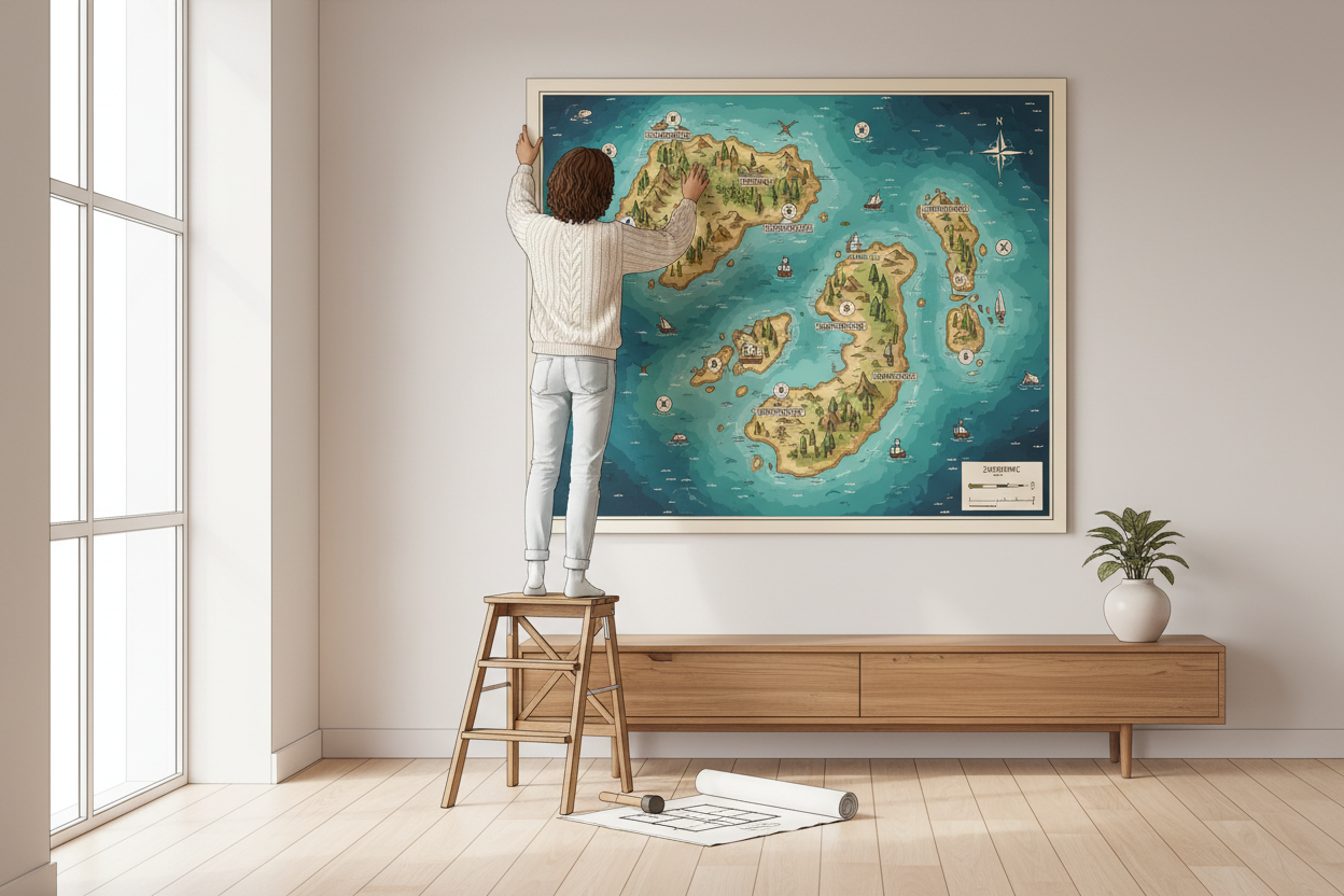 Illustration d'une personne qui installe la carte des épaves sur son mur