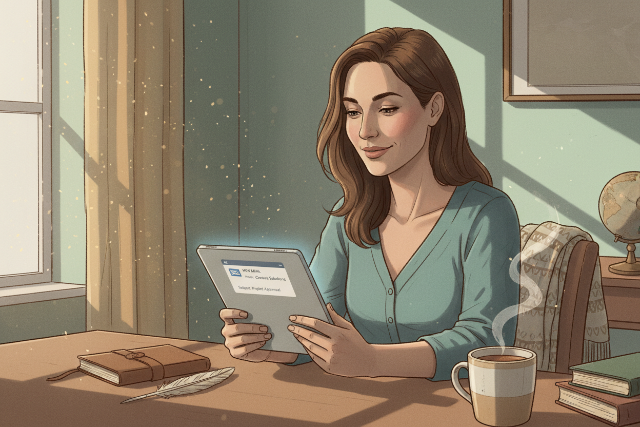 illustration réaliste d'une personne qui reçoit un courriel, avec de petites touches de sépia